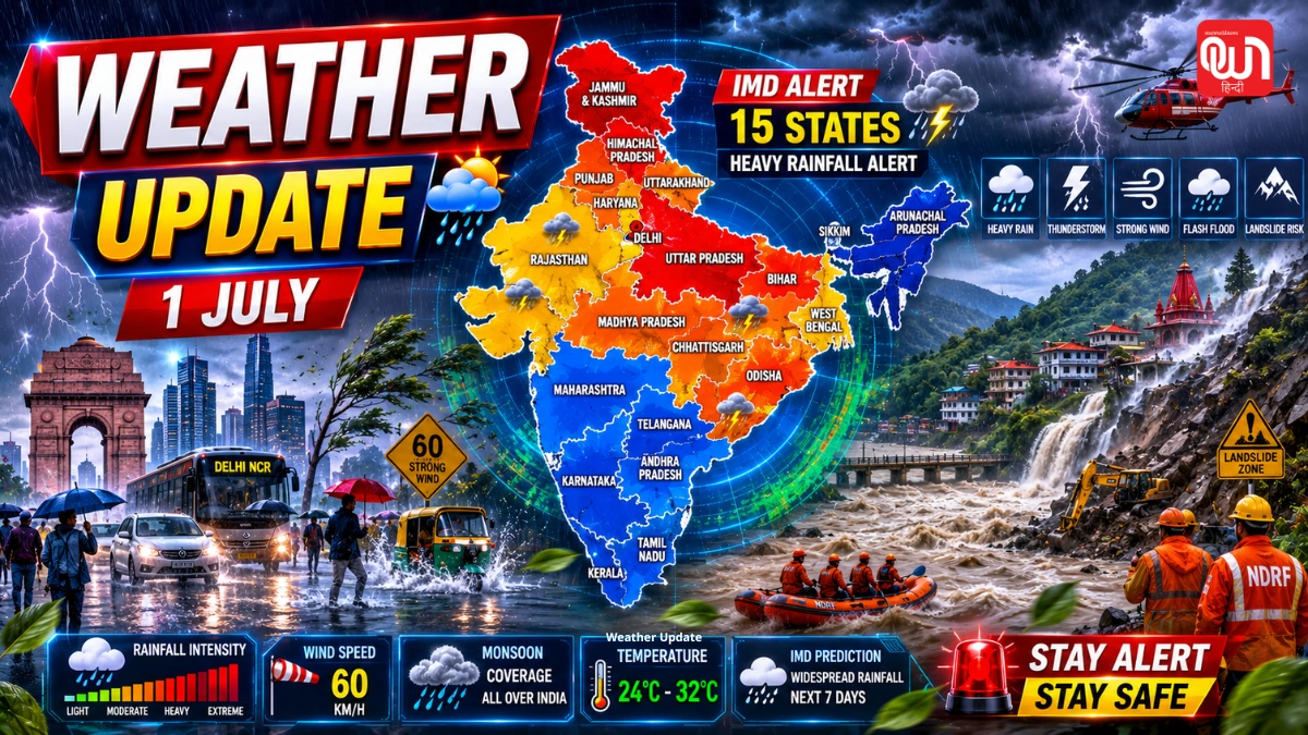 Weather Update आज का मौसम 1 जुलाई: 15 राज्यों में भारी बारिश के साथ आंधी-तूफान का अलर्ट, 60 KM की रफ्तार से चलेगी हवा, IMD अपडेट 1 Weather Update